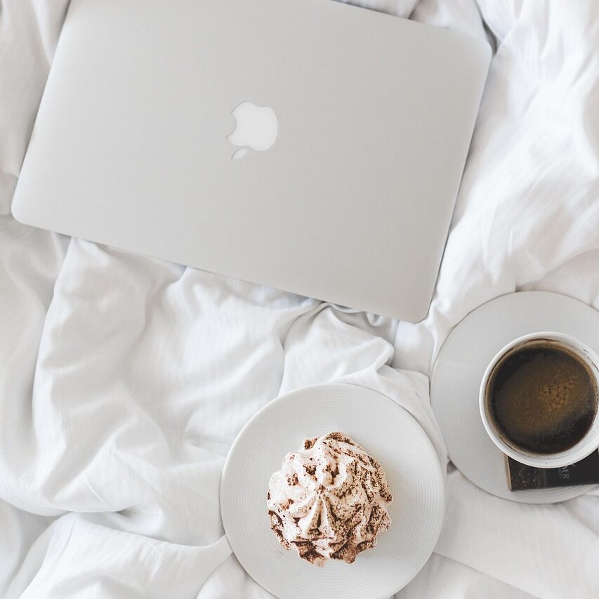 coffee, cup, macbook, laptop, working, breakfast, bed, bedroom, coffee cup, morning, computer, break, white, home, clean, lifestyle, minimal